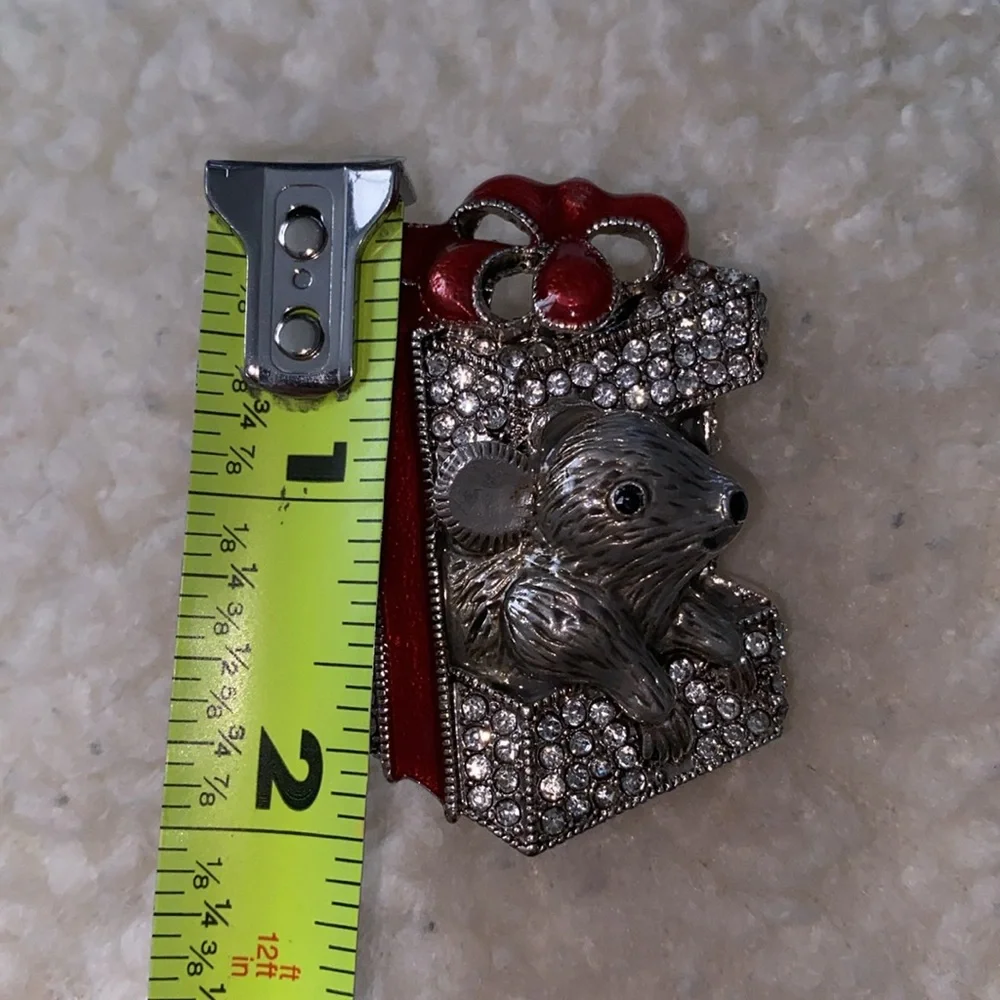 Napier Christmas Mouse Brooch Pin Silver Tone Simulated‎ Crystal *READ